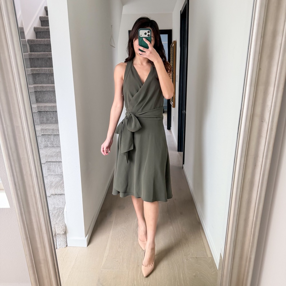 Diane Von Furstenberg Boho Wrap Halter Dress Cocktail Elegant Preppy Olive M